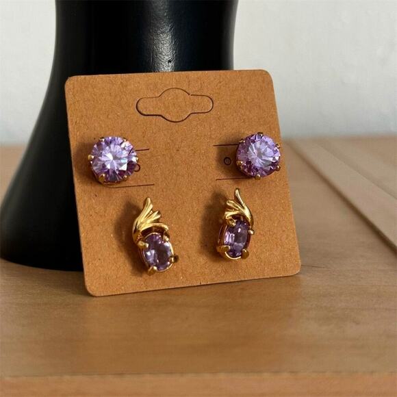 Gold Plated Lavender Zirconia Stud Earrings Anniversary Elegant Gift Set of 2 - Picture 5 of 7